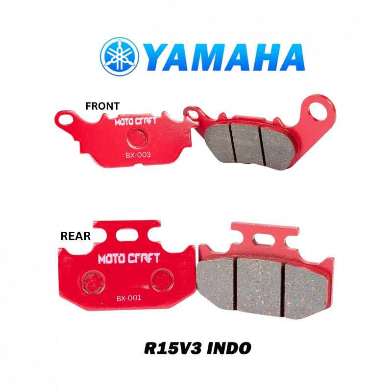 Red brake pads with gray inserts labeled 'Front' and 'Rear' on a white background, featuring Yamaha branding.