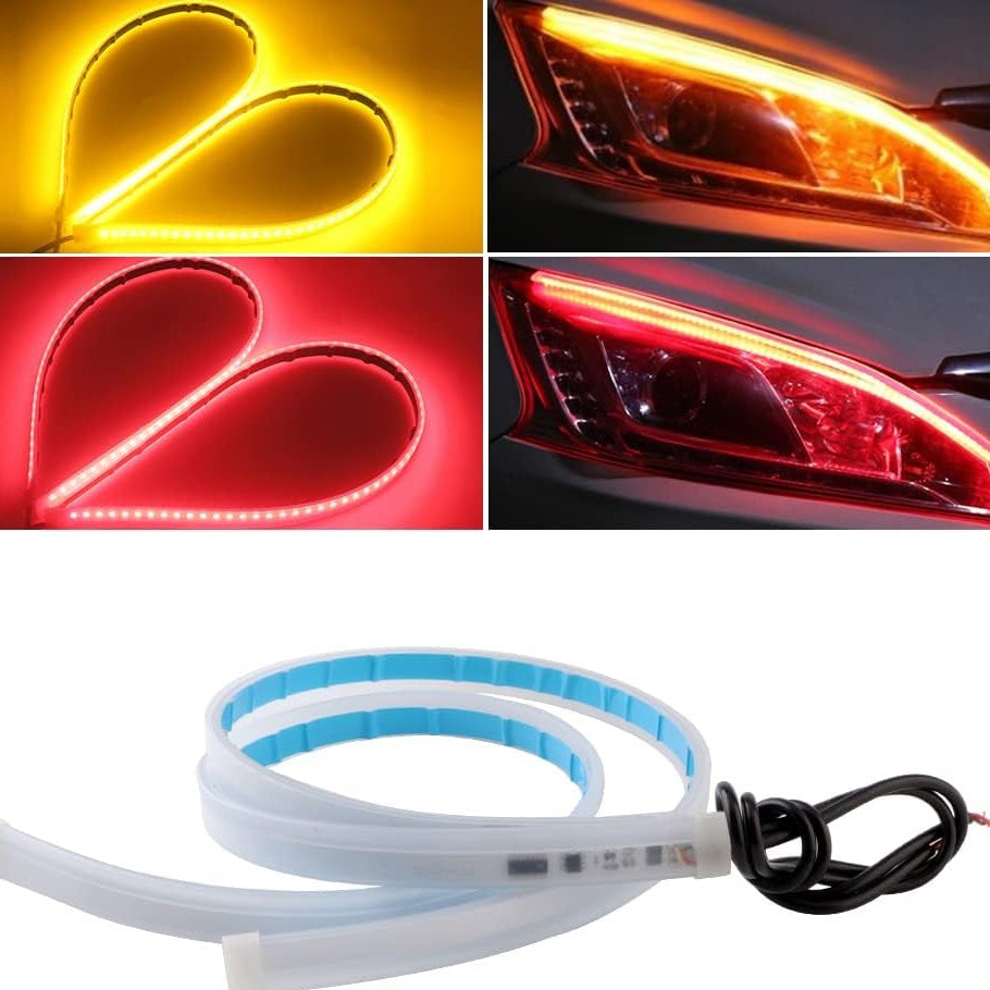 Car LED strip lights with close-up shots of car headlights and a coiled LED strip on a white background.