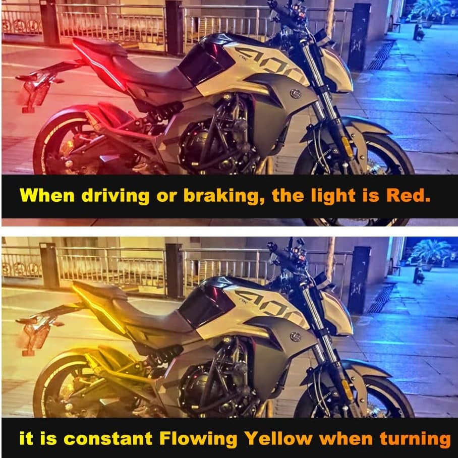 Motorcycle with text explaining light behavior during driving, braking, and turning.