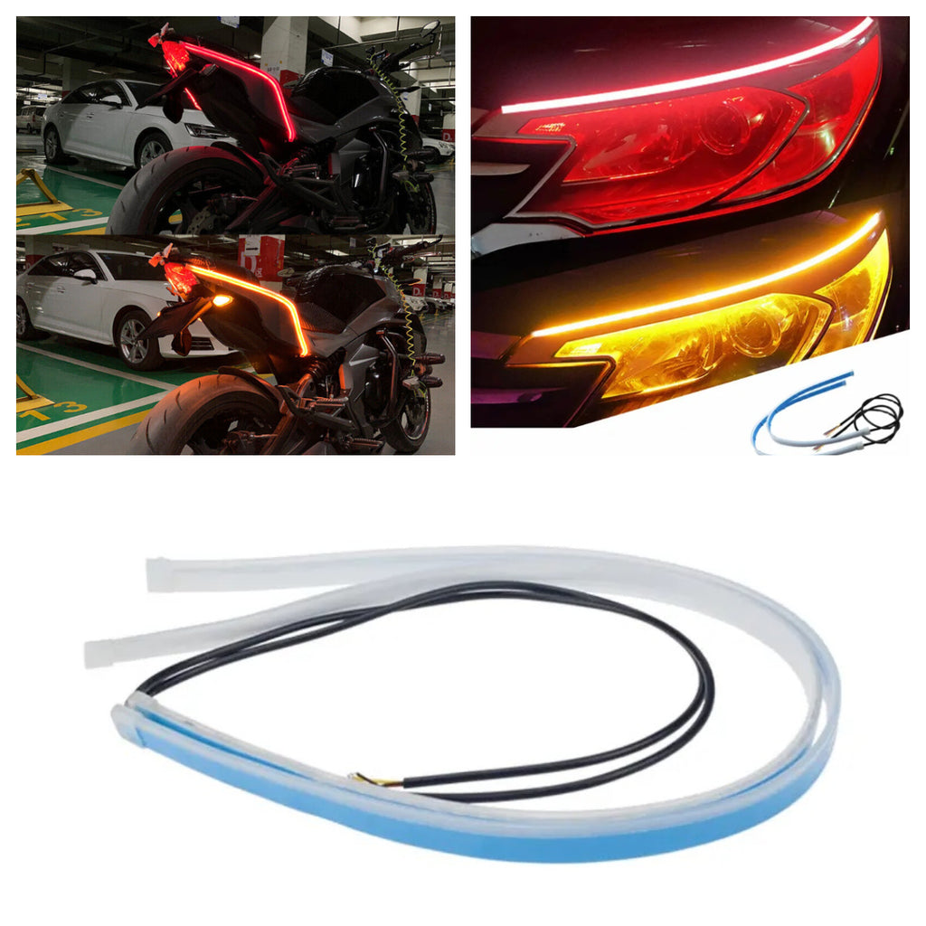 Car and motorcycle LED strip lights with a close-up of a car headlight and taillight, and a roll of LED strip light on a white background.