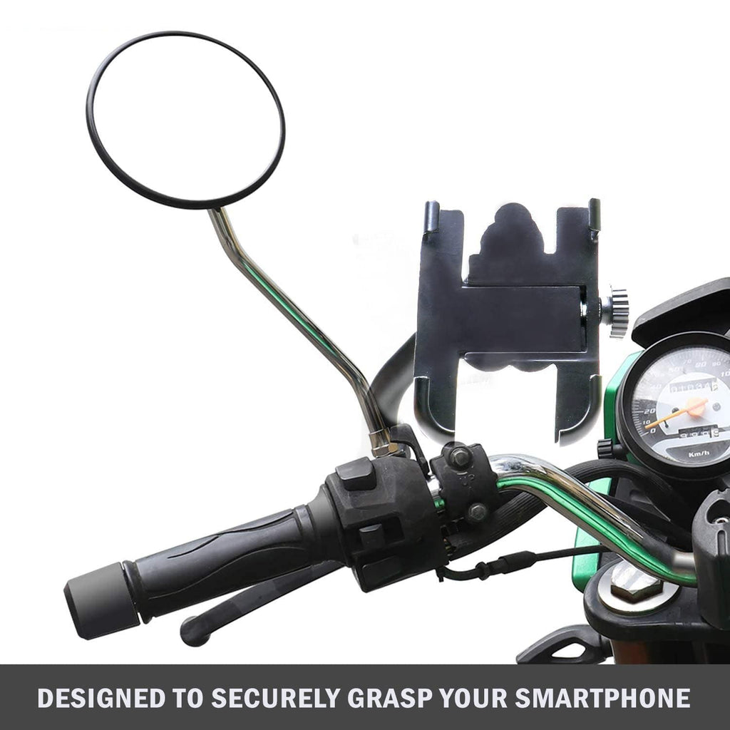 Motorcycle handlebar with smartphone holder and mirror on a white background