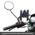 Motorcycle handlebar with smartphone holder and mirror on a white background