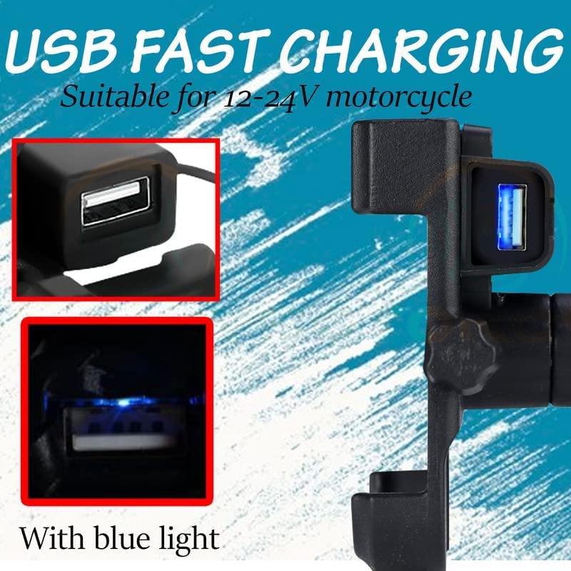USB fast charging adapter for motorcycles with blue light indicator on a blue background.