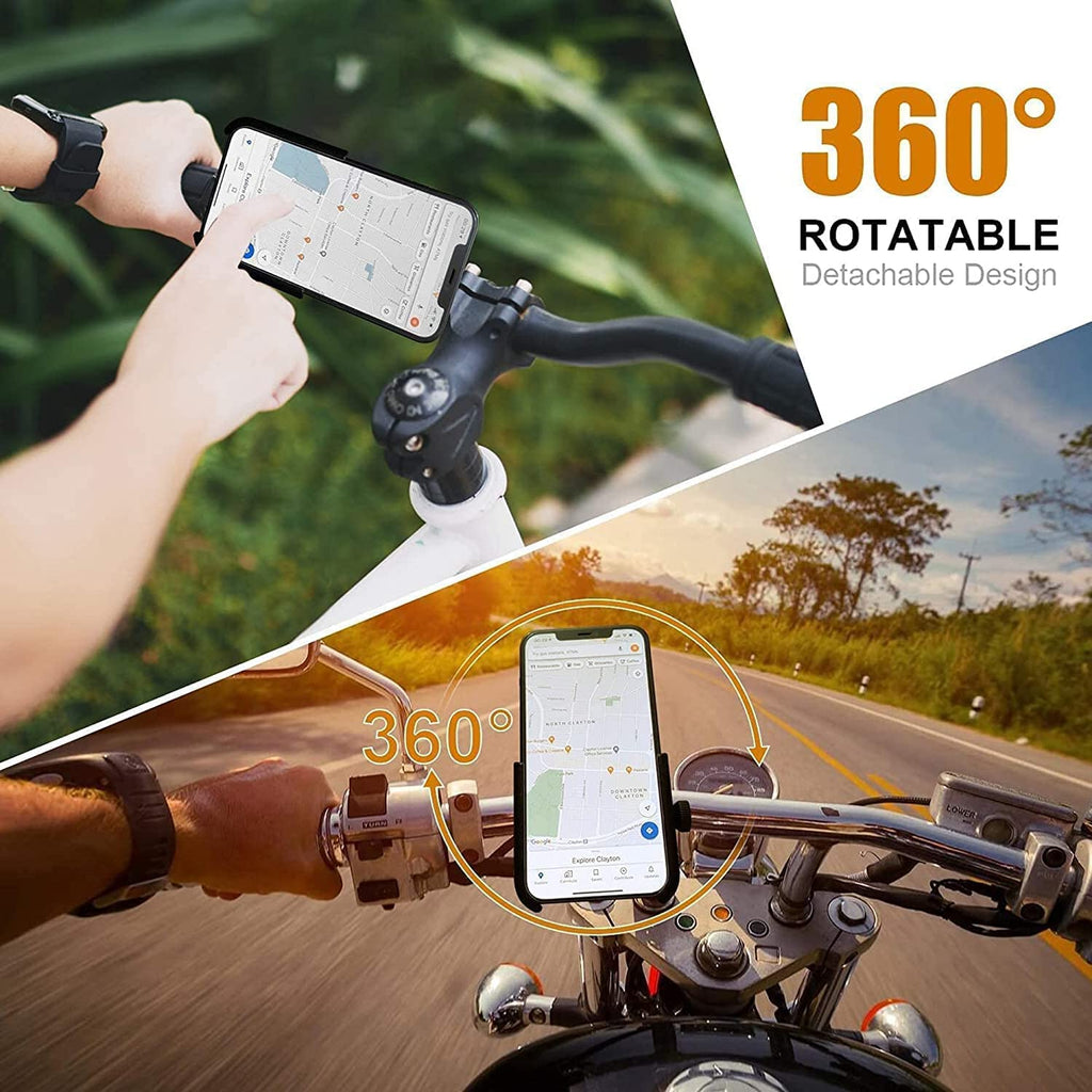 Phone mount on motorcycle handlebar with 360-degree rotation feature, displayed outdoors.