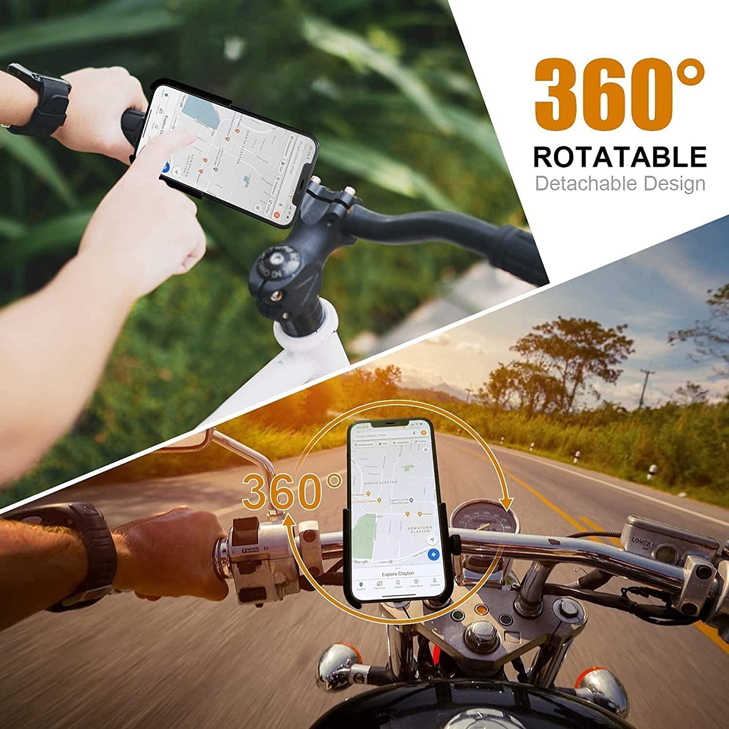 Phone mount on motorcycle handlebar with 360-degree rotation feature, displayed outdoors.