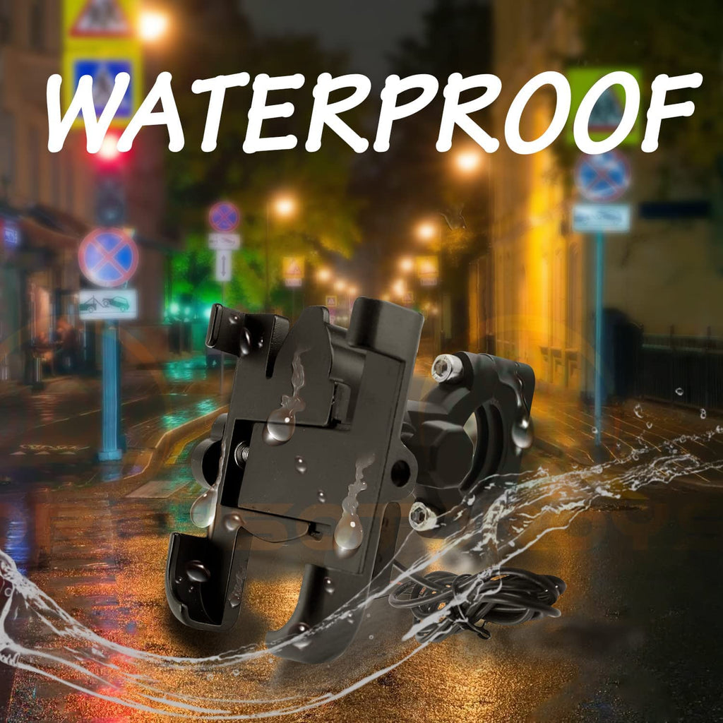 Black waterproof device with water splashes on a city street background, text 'WATERPROOF' above.