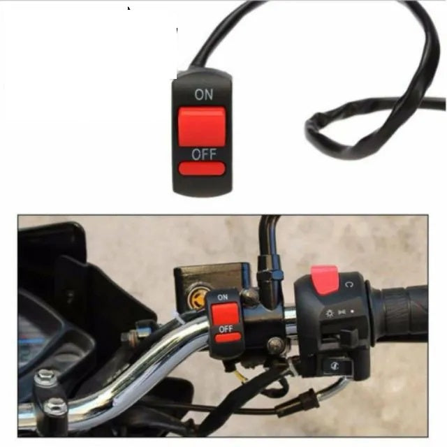 Motorcycle handlebar switch with red and black 'ON' and 'OFF' buttons on a white background.
