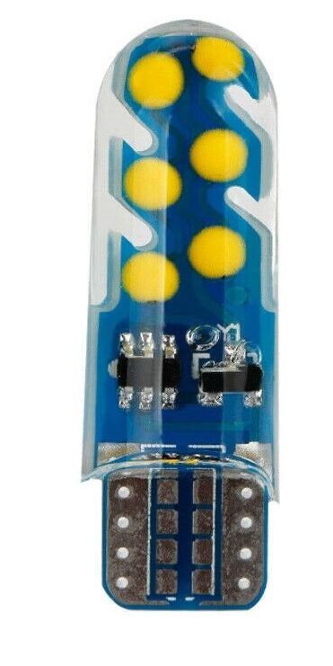 Close-up of a blue LED light bulb with yellow and white components on a white background
