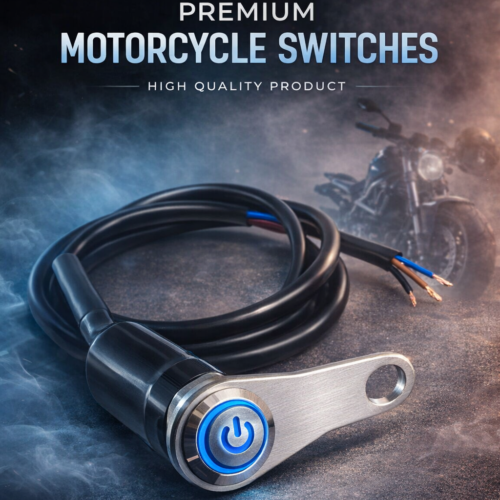 Motorcycle switch with power symbol on a dark background with motorcycle in the background