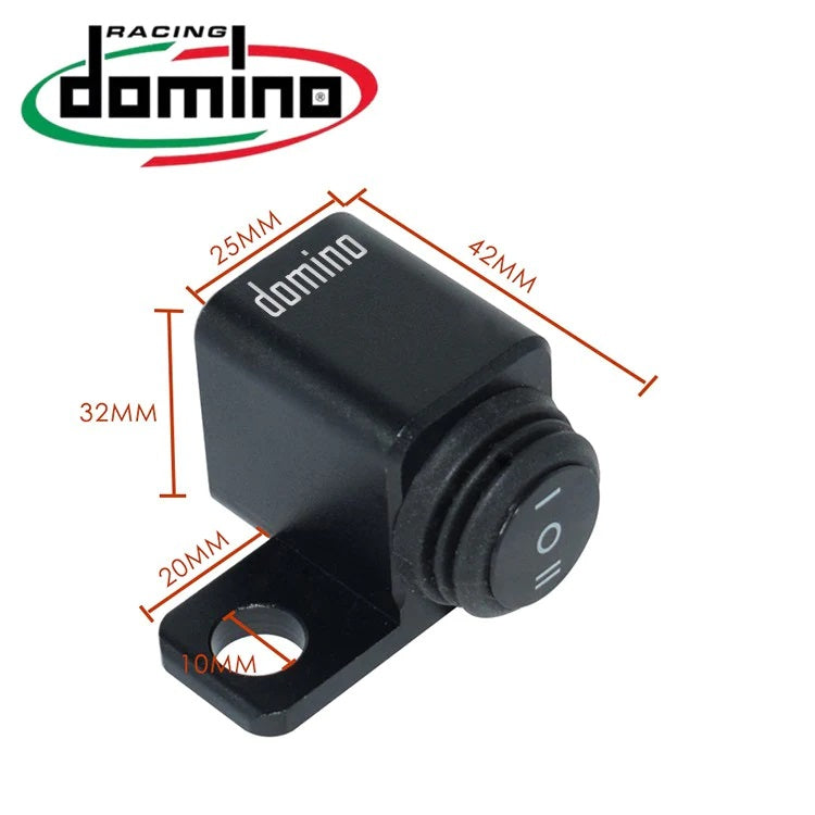 Black switch with dimensions labeled, featuring the Domino Racing logo.