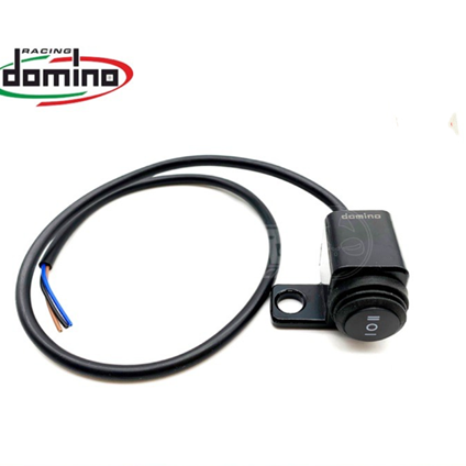 Black motorcycle ignition switch with wiring on a white background, featuring Domino Racing logo.