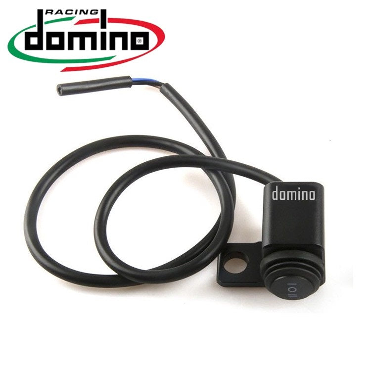 Black motorcycle ignition switch with cable on a white background, featuring the Domino Racing logo.
