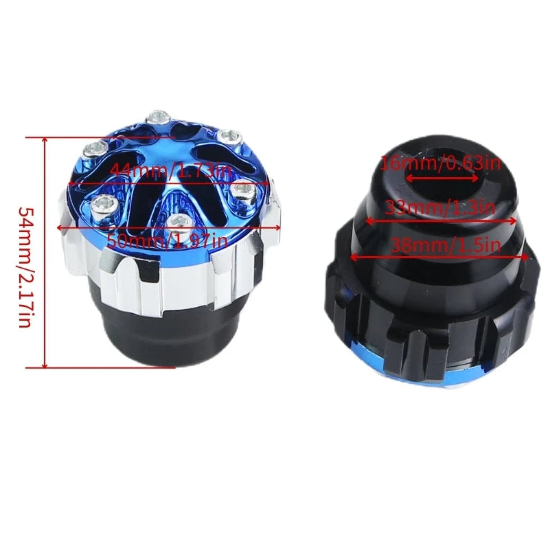 Two metal knobs with measurements and color options on a white background