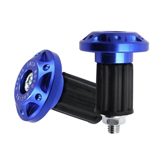 Blue and black motorcycle swingarm spools on a white background