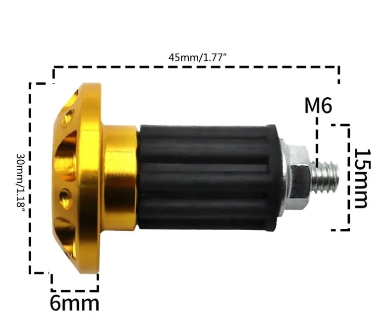 Gold and black mechanical component with measurements on a white background