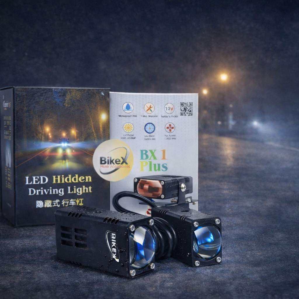BikeX LED Hidden Driving Light with packaging on a dark road background