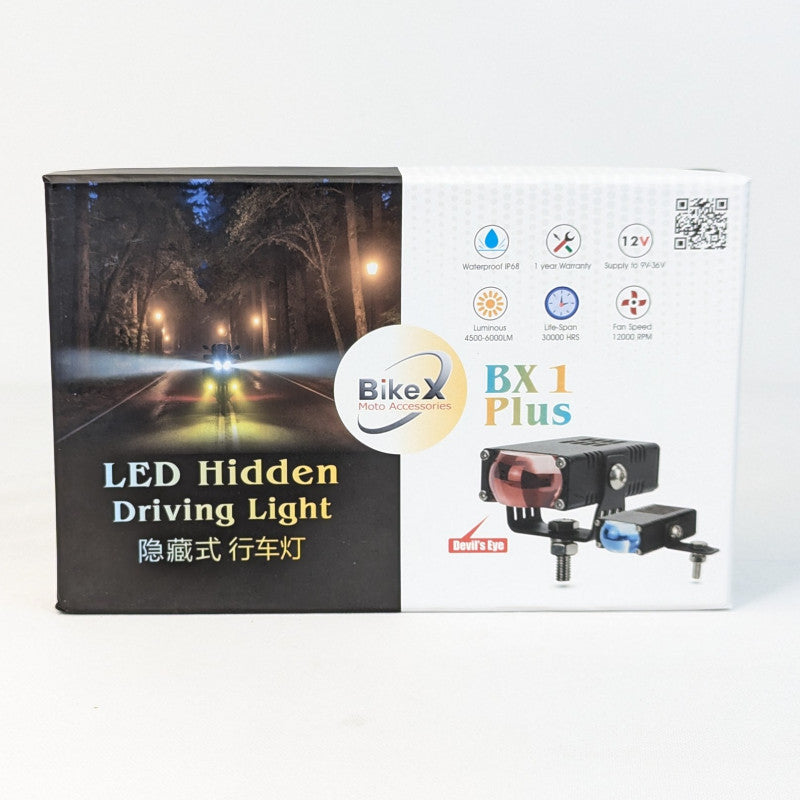 Box of BikeX LED Hidden Driving Light with product image and branding on a white background
