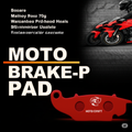 Red motorcycle brake pad with text and image of a red motorcycle on a black background