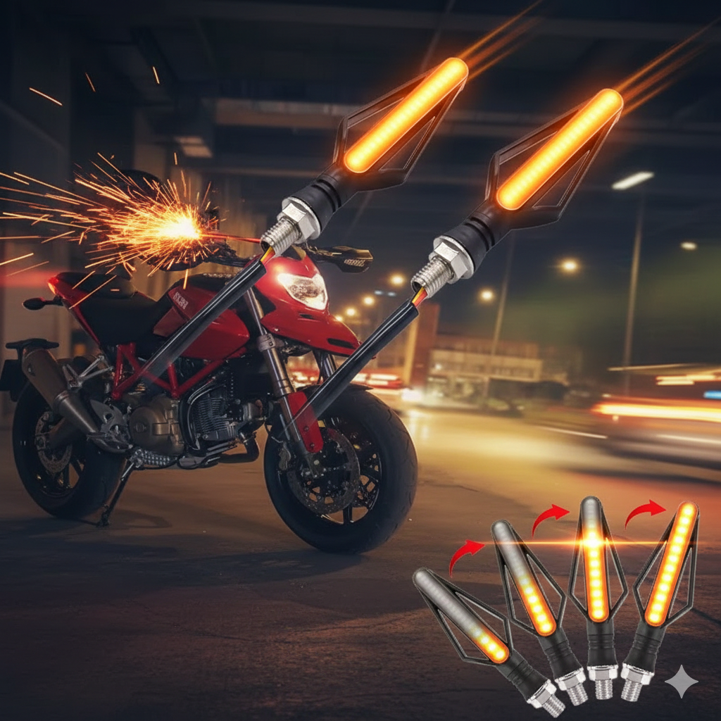 Motorcycle with illuminated turn signals on a blurred road background