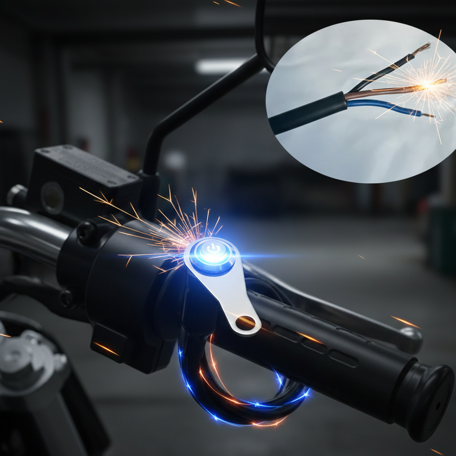 Motorcycle handlebar with blue light and close-up of wiring on a dark background