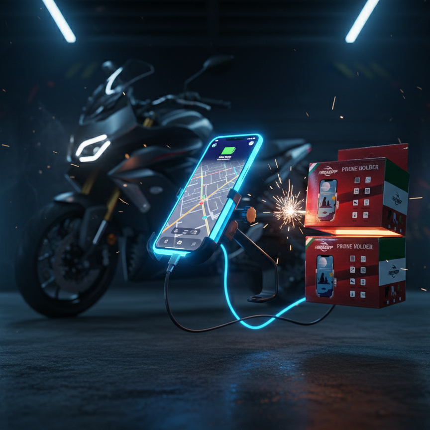 Motorcycle with a glowing phone displaying a map, next to a building model, in a dark, futuristic setting.