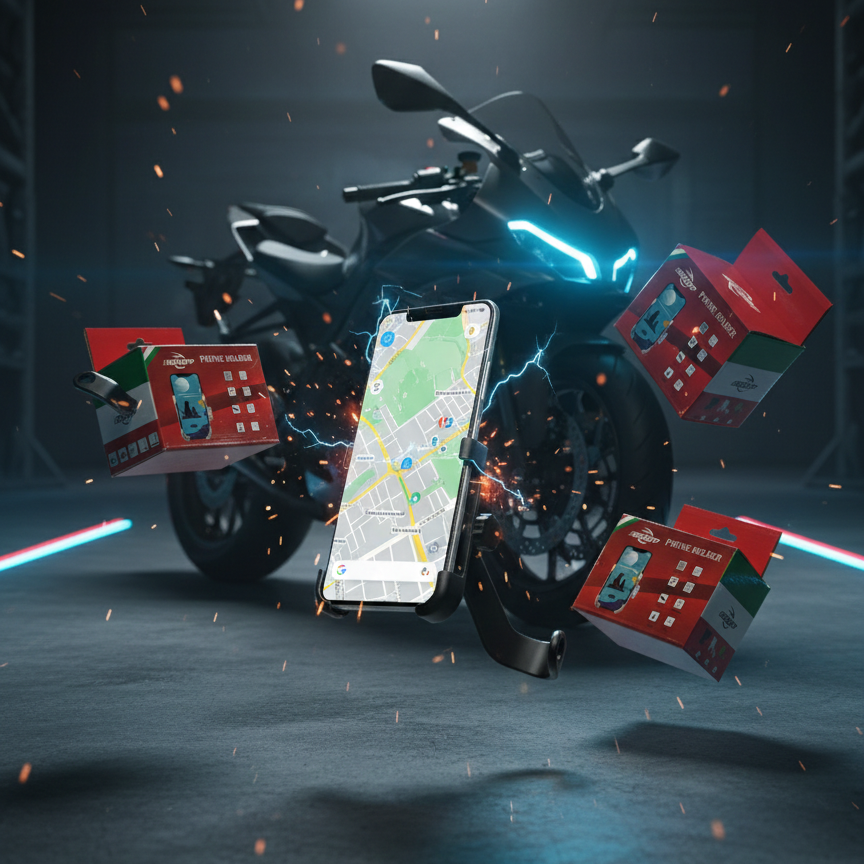 Motorcycle with a smartphone displaying a map, surrounded by red boxes in a dark, futuristic setting.