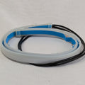 Clear silicone hose with blue interior lining and black cable on a light gray background