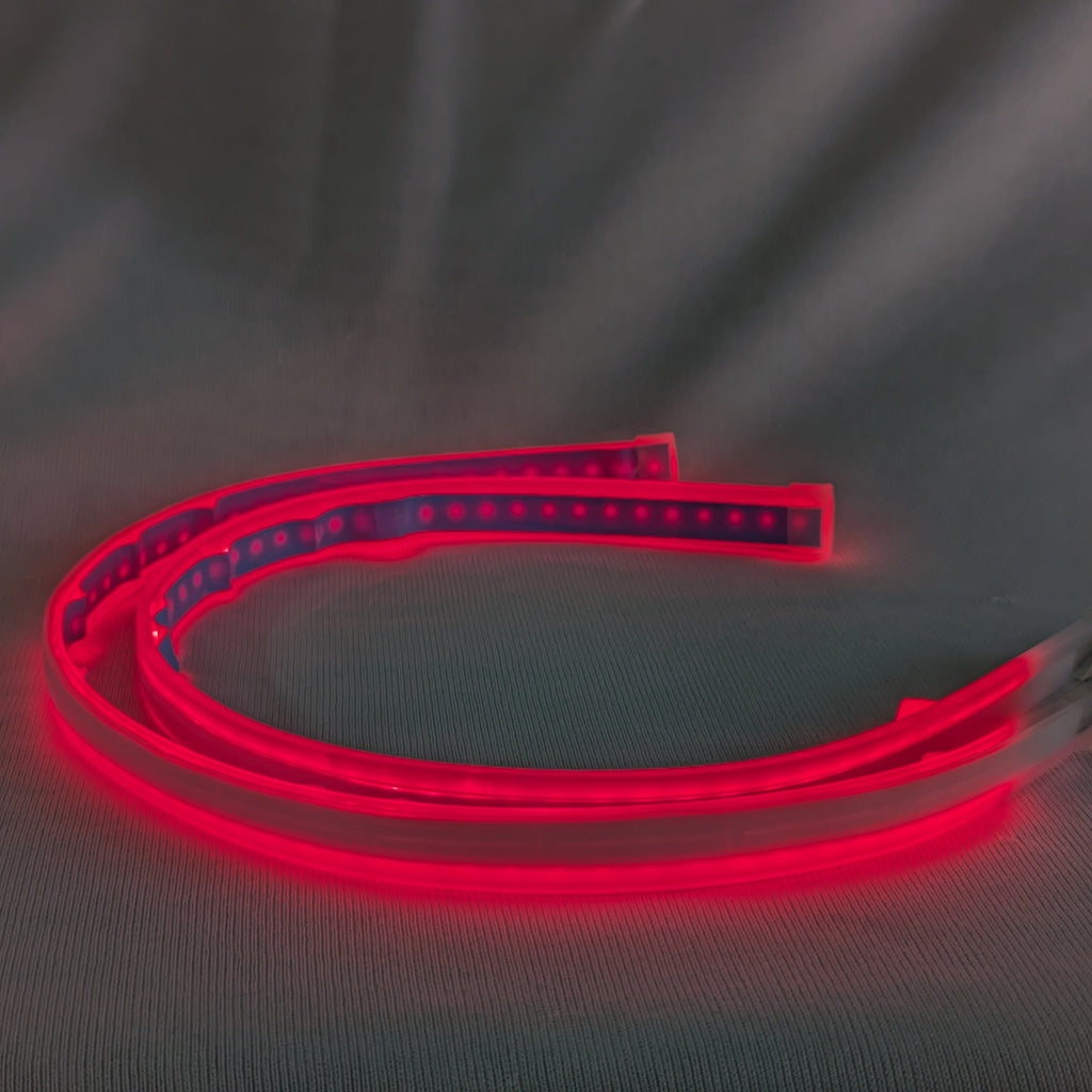 Red LED strip light on a gray background