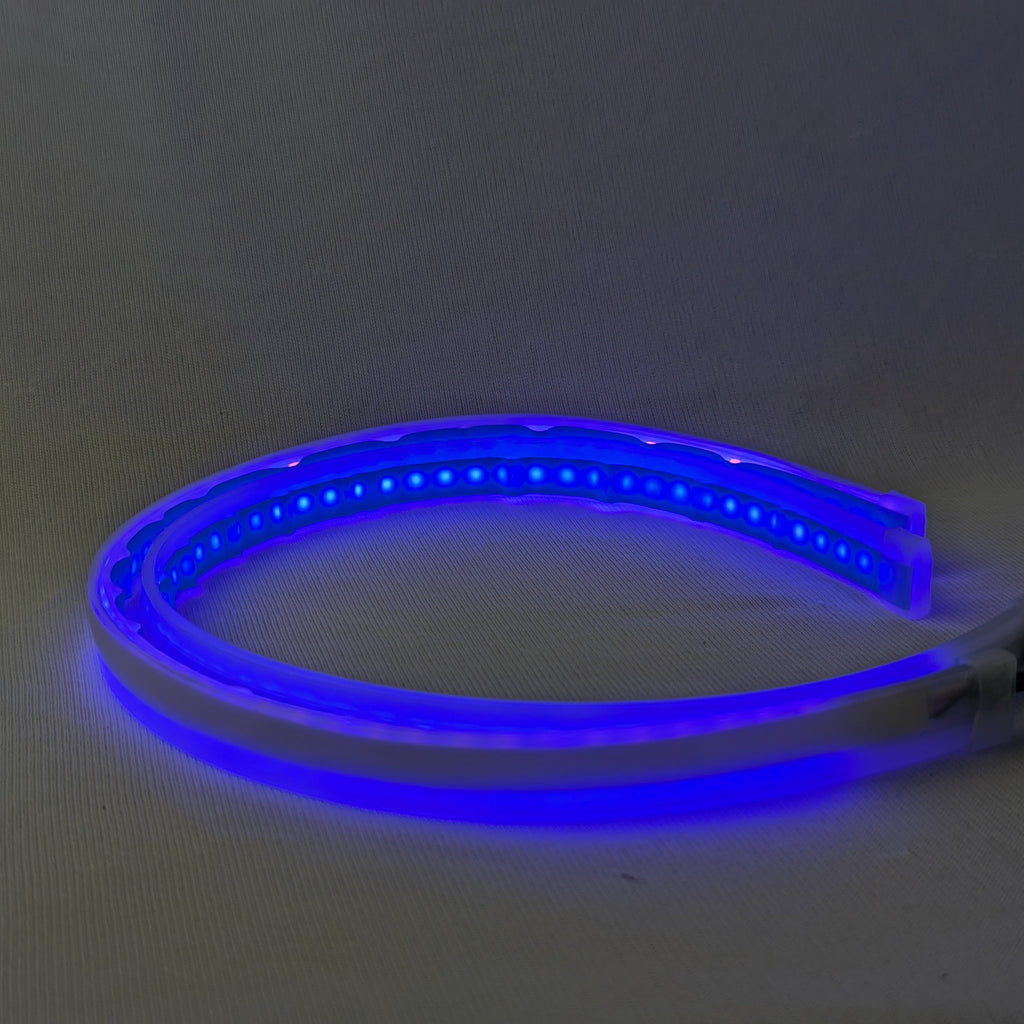 Blue LED strip light on a gray background