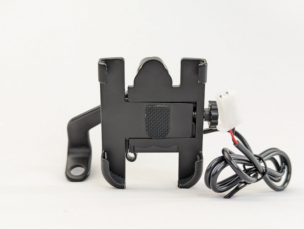 Black motorcycle mount with wiring on a white background