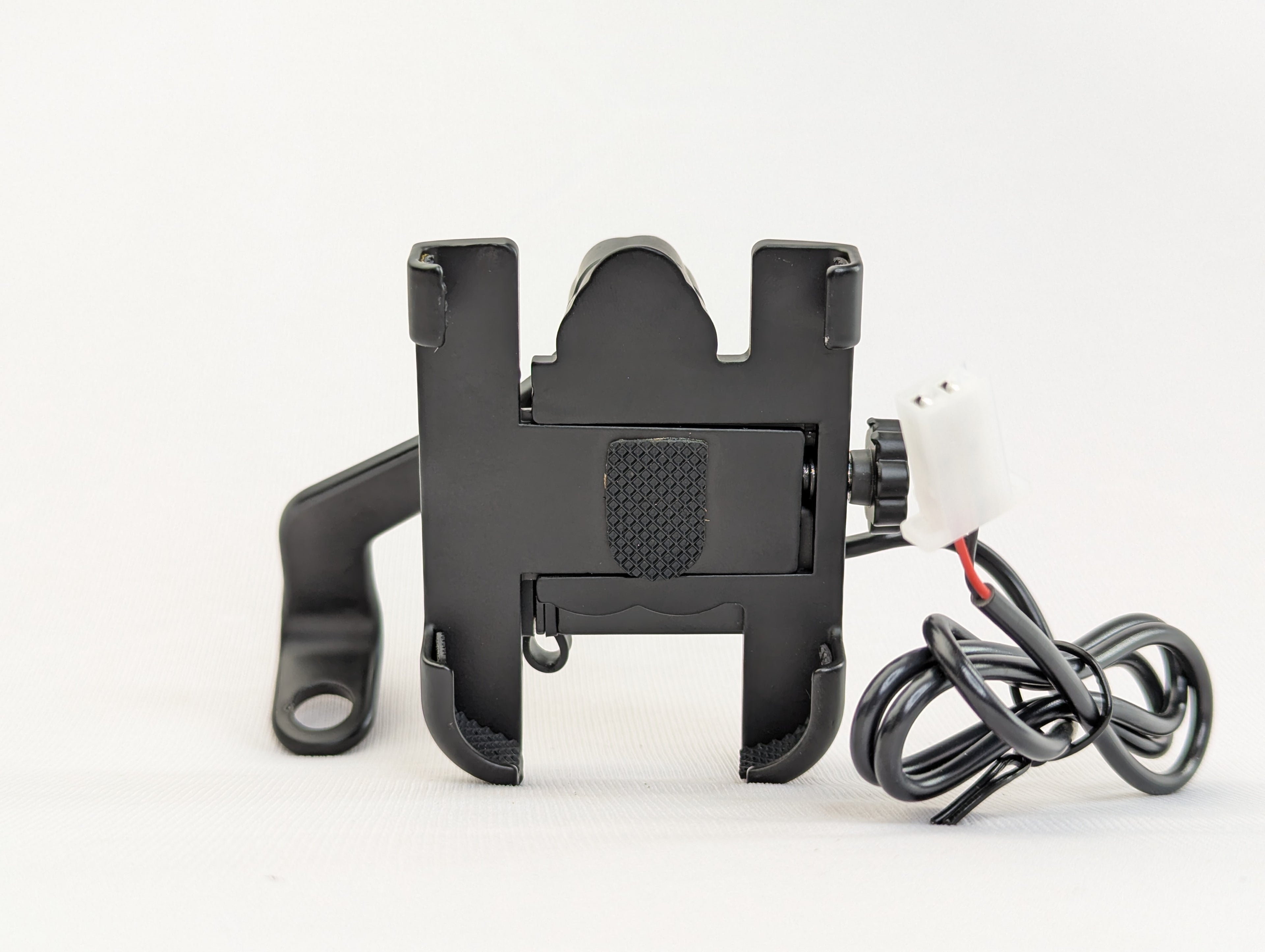 Black motorcycle mount with wiring on a white background