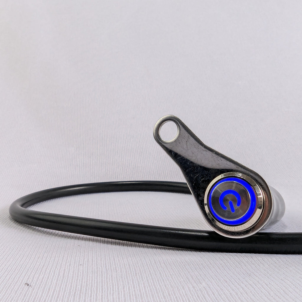 Black cable with a metallic connector featuring a blue light on a white background
