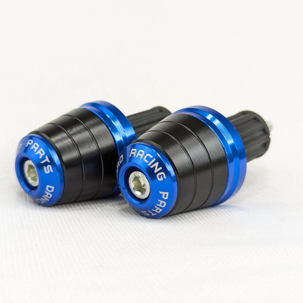 Two black and blue metal components on a white background