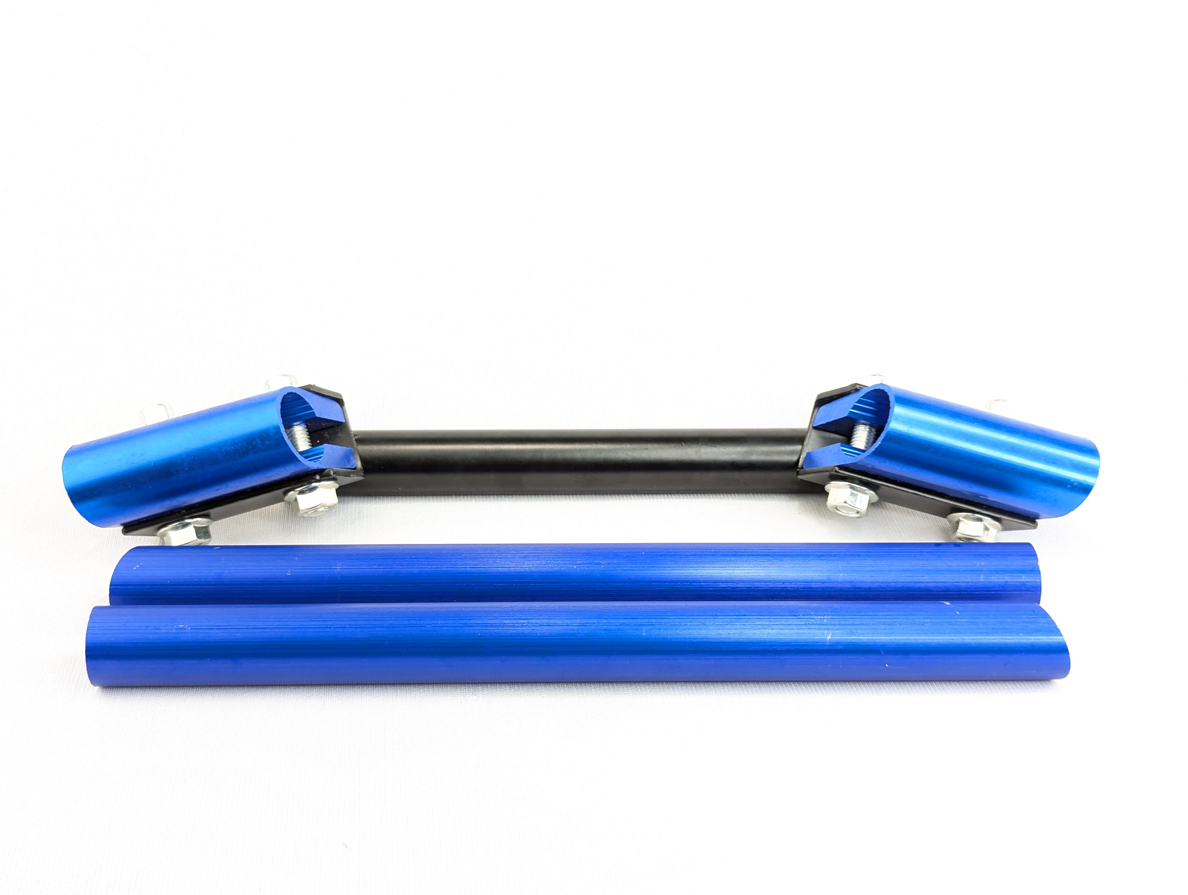 Blue metal tool with cylindrical components on a white background